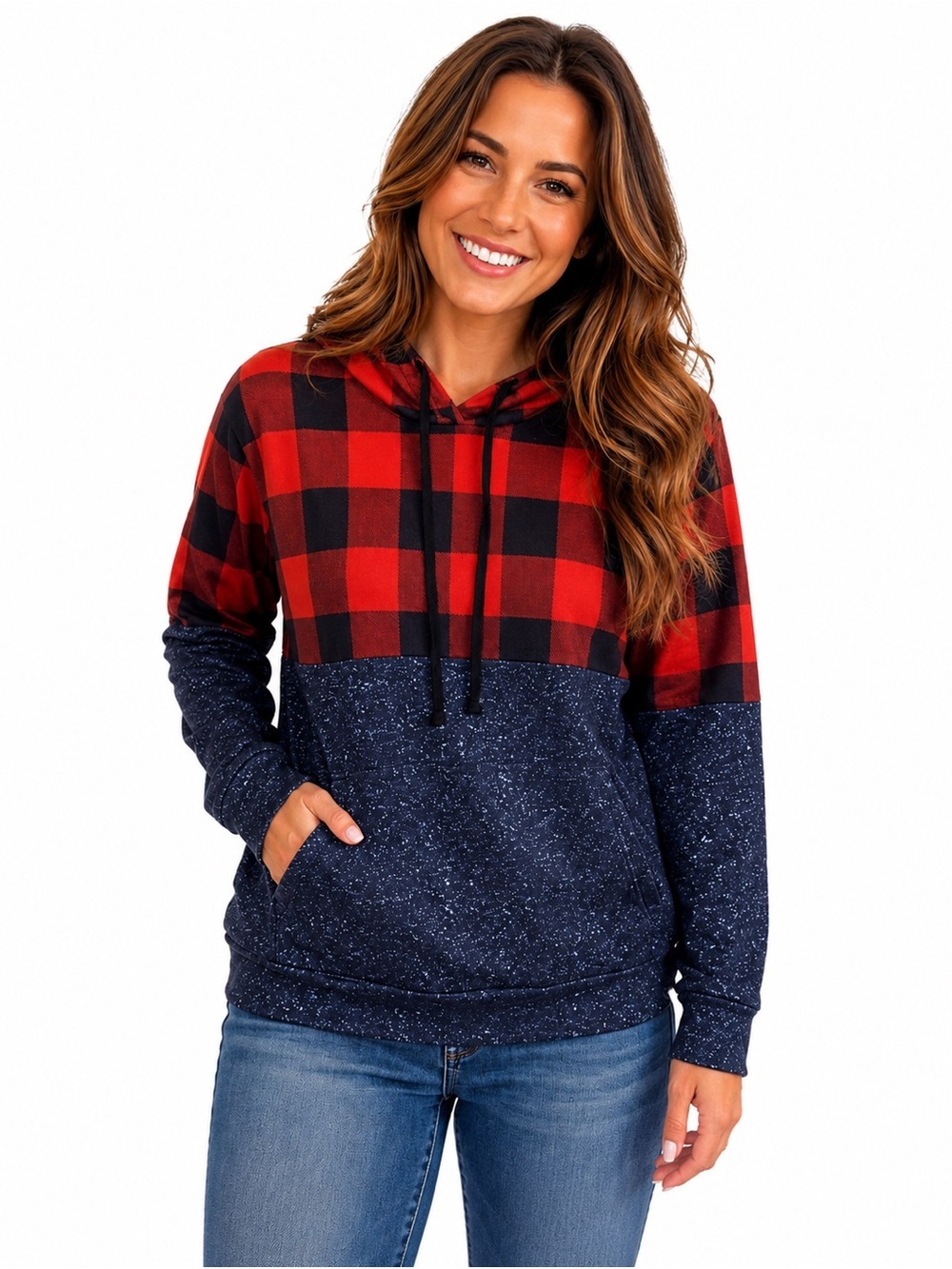 Cozy Red Plaid & Navy Speckled Hooded Sweater